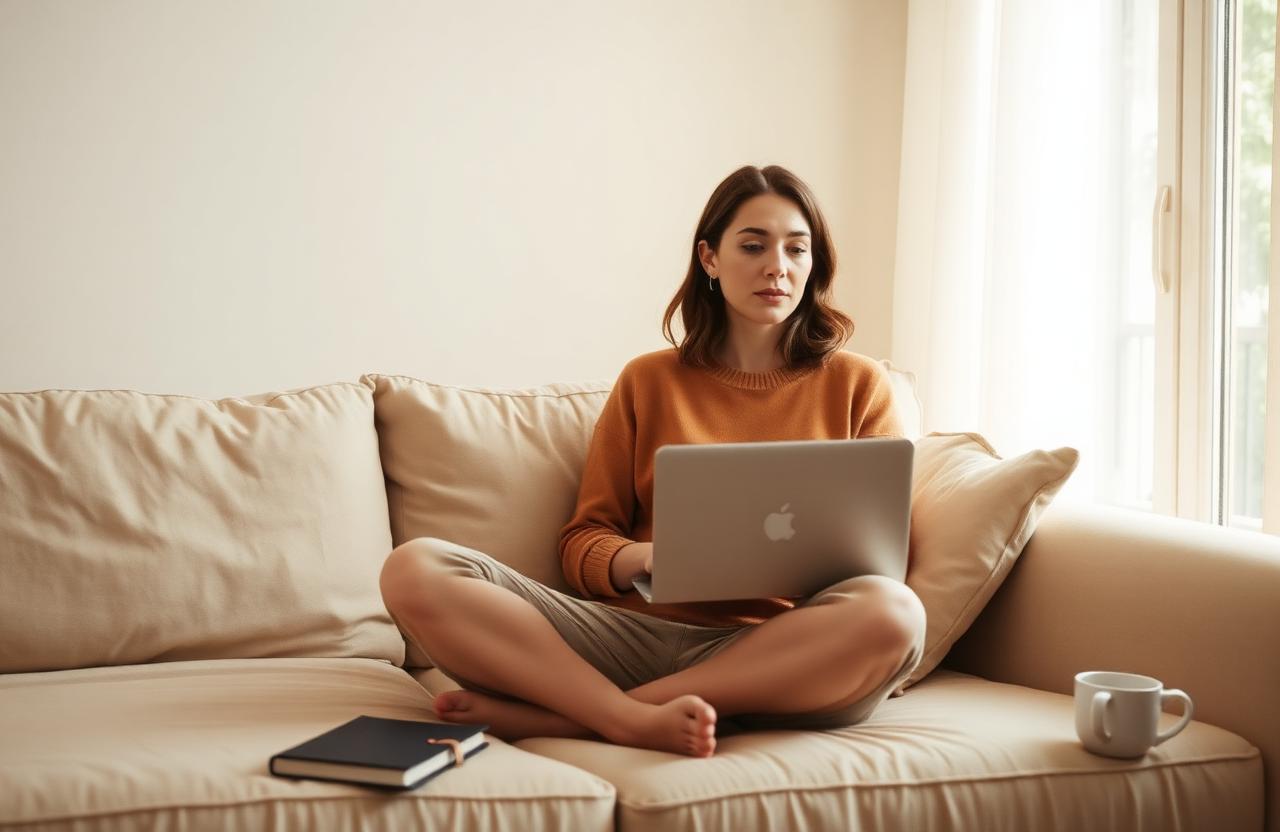 Woman reflecting quietly with a laptop and journal in warm natural light